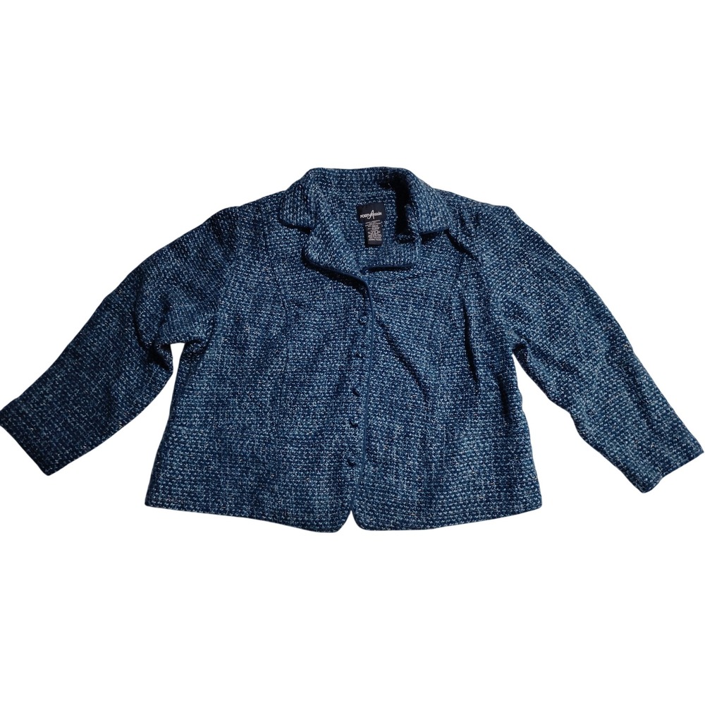 Positive Attitude Womens 20W Blue Tweed Boucle Knit Button Up Jacket Blazer Plus